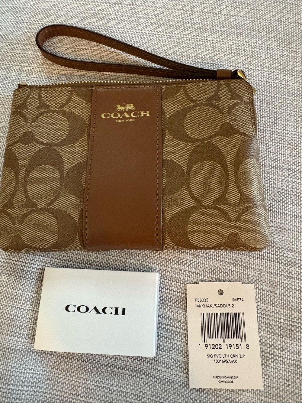 Coach Brown Signature Wristlet with Gold Logo